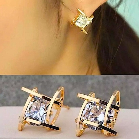 Gold Diamond Caged 3D Stud Earrings - Picture 3 of 6